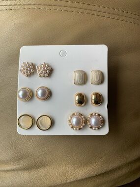 Gold and Pearl Mixed Stud Earring Set - 6 Pairs